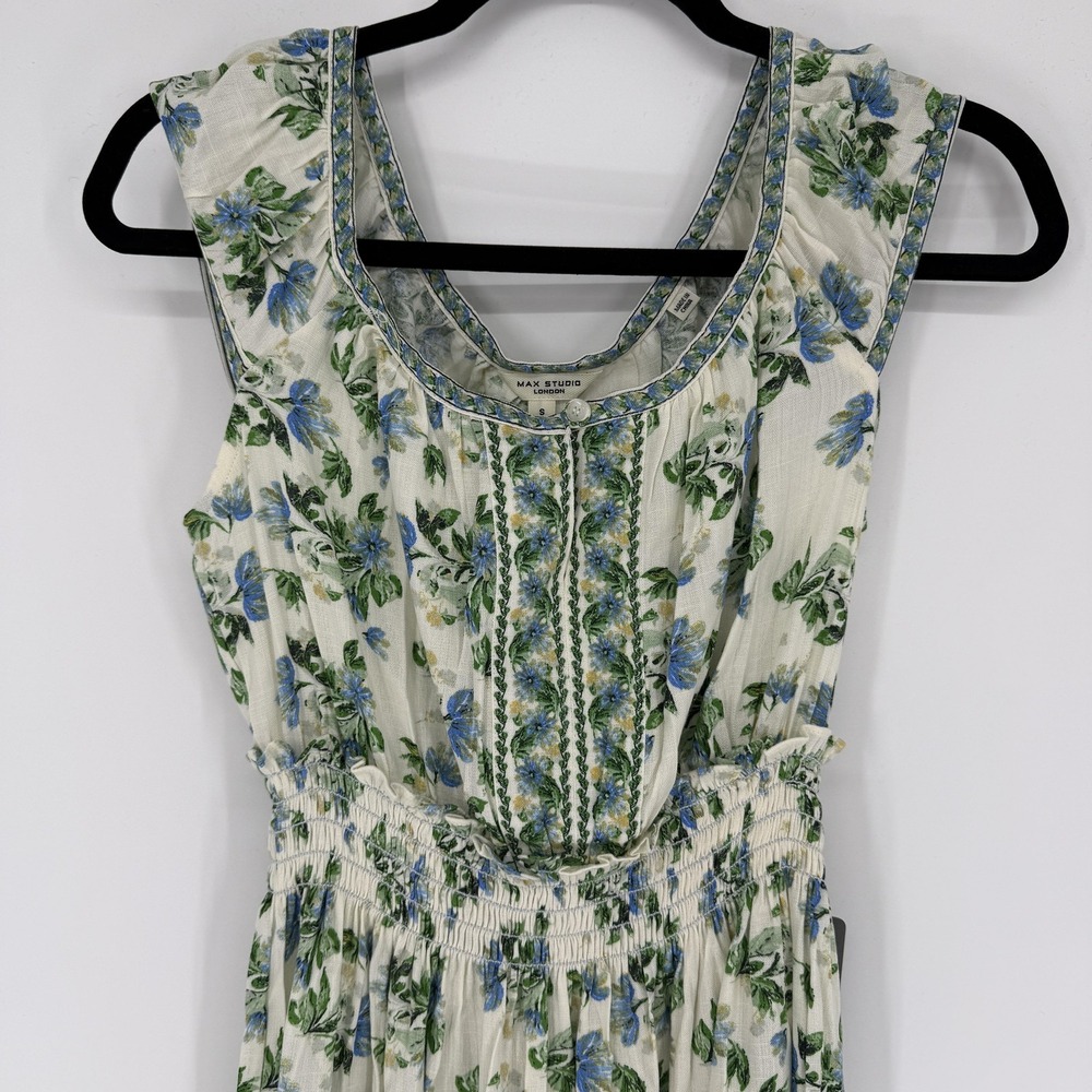 Max Studio Dress Womens Small‎ Blue Floral Smocked Waist Ruffle Hem Boho Midi - Picture 3 of 12